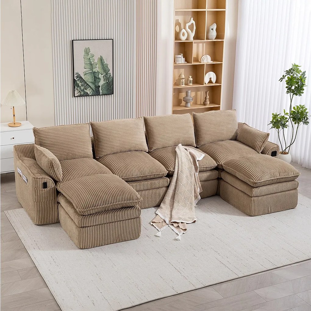 Modułowy zestaw wypoczynkowy 4-osobowy w sztruksie - 335 x 167 x 85 cm - z 2 pufami + poduszkami + 2 kieszeniami - khaki