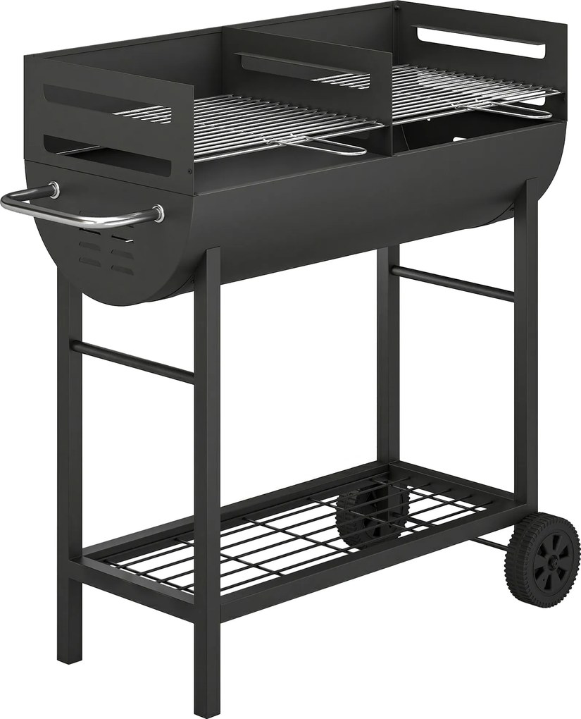 Outsunny Grill na węgiel drzewny z 2 strefami grillowania, regulowany ruszt, półka na drewno, kółka, boczny uchwyt, 103 x 46,5 x 100 cm | Aosom PL