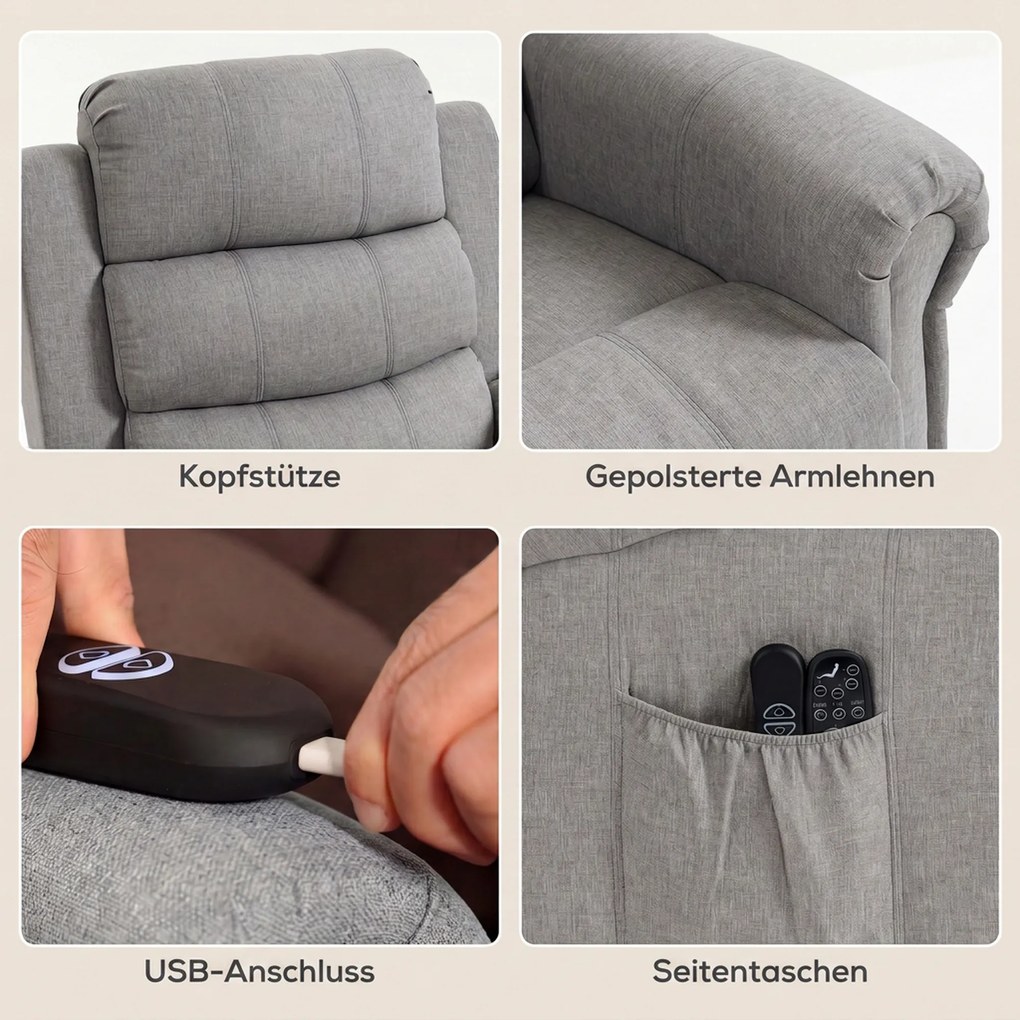 HOMCOM Fotel z funkcją Power-Lift, masażem wibracyjnym i ogrzewaniem, fotel z funkcją podnoszenia, port USB, kieszenie boczne i pilot, jasnoszary | Aosom PL