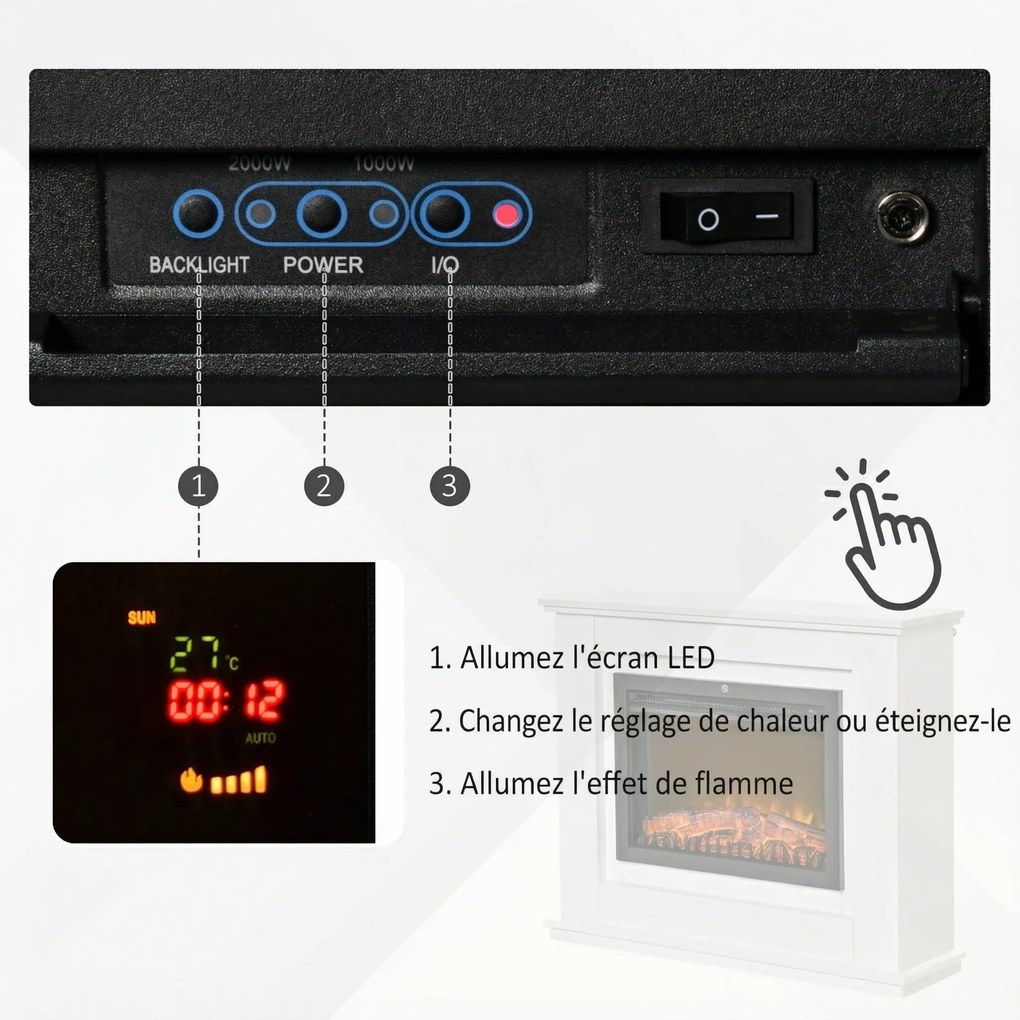 HOMCOM Elektryczny kominek, 3D LED płomienie, pilot, timer, MDF, Biały