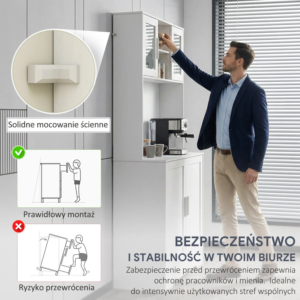 HOMCOM Szafka kuchenna, Design skandynawski, 4 szafki, Regulowane półki, Drzwi ze szkła, Otwarta przestrzeń, Płyta wiórowa, MDF, Biały