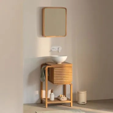 Zestaw Mebli Łazienkowych Z Drewna Tekowego Bradley Biały Wbudowany Z Zaworem Spustowym Bez Przelewu Alameda & Okrągły Biały Ceramiczny Ø30 Cm Calgari