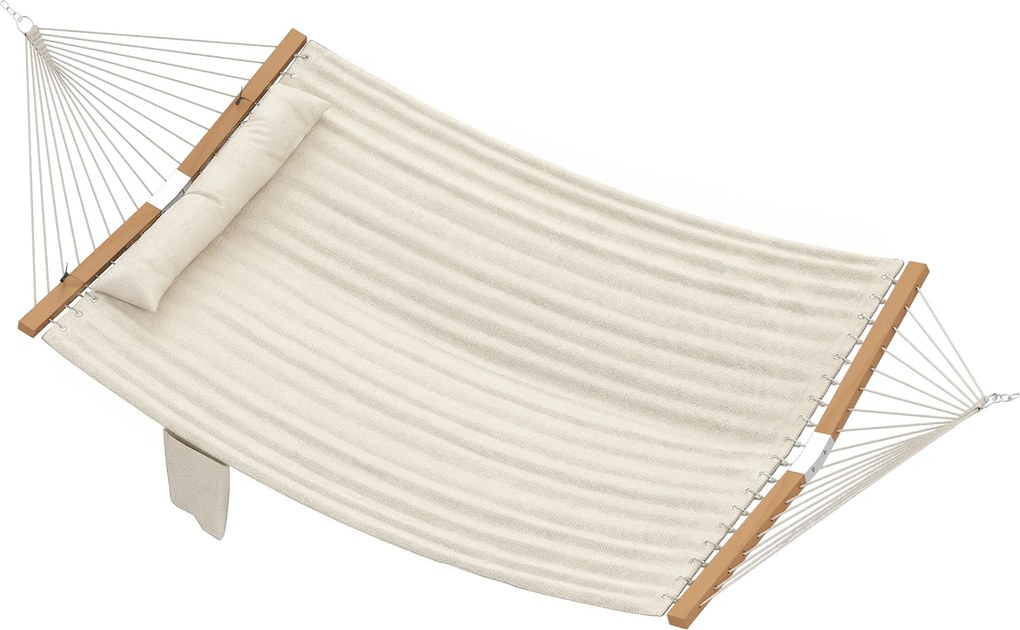 Outsunny Hamak Zewnętrzny 200x140 cm, Dwuwarstwowy Hamak z Zagłówkiem, Kieszenią na Magazyny i Drewnianymi Drążkami, do 200 kg | Aosom PL