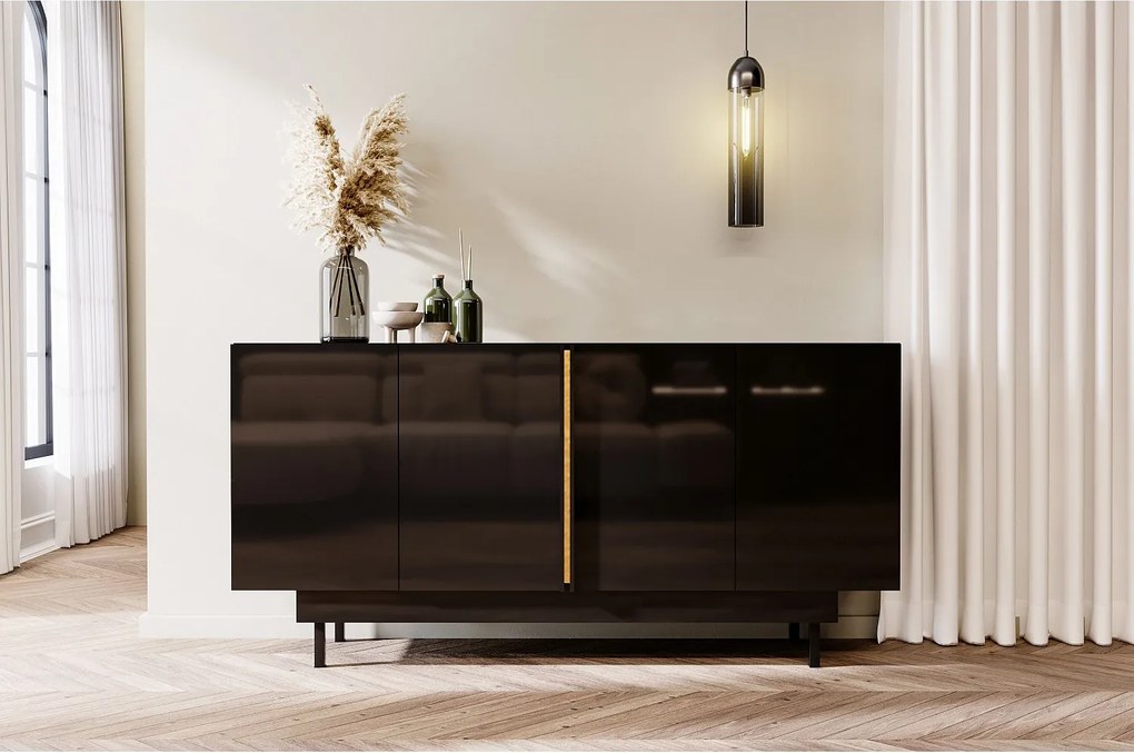 Błyszczący czarny bufet Dancan ARTEMISA z dodatkami w kolorze złota - Nowoczesny i elegancki design z systemem Push to Open