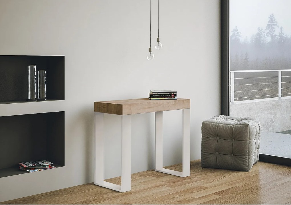 Konsola rozkładana 90x40/300 cm Tecno Dąb naturalny rama w kolorze Białym