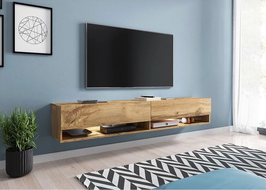 Nowoczesna szafka RTV 180 cm – bezuchwytowa, w kolorze dąb Wotan, matowa, stojąca lub wisząca