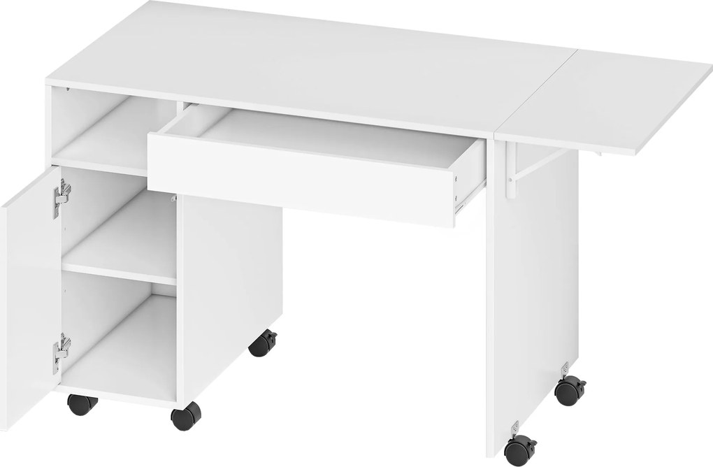 HOMCOM Mobilne biurko komputerowe na kółkach, składane biurko z szafką i szufladą, płyta wiórowa, biały