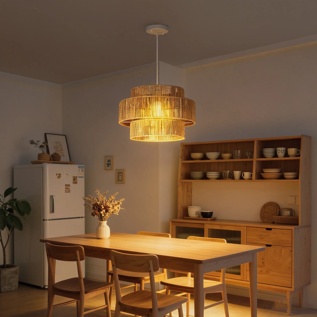 HOMCOM Lampa wisząca, abażur trójwarstwowy, metal, sznur lniany, Jasnobrązowy