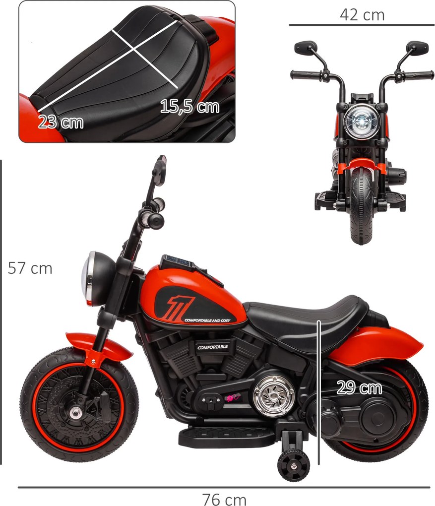 HOMCOM Elektryczny motocykl dla dzieci z reflektorem, demontowalne koła boczne, 76x42x57 cm, Czerwony/Czarny