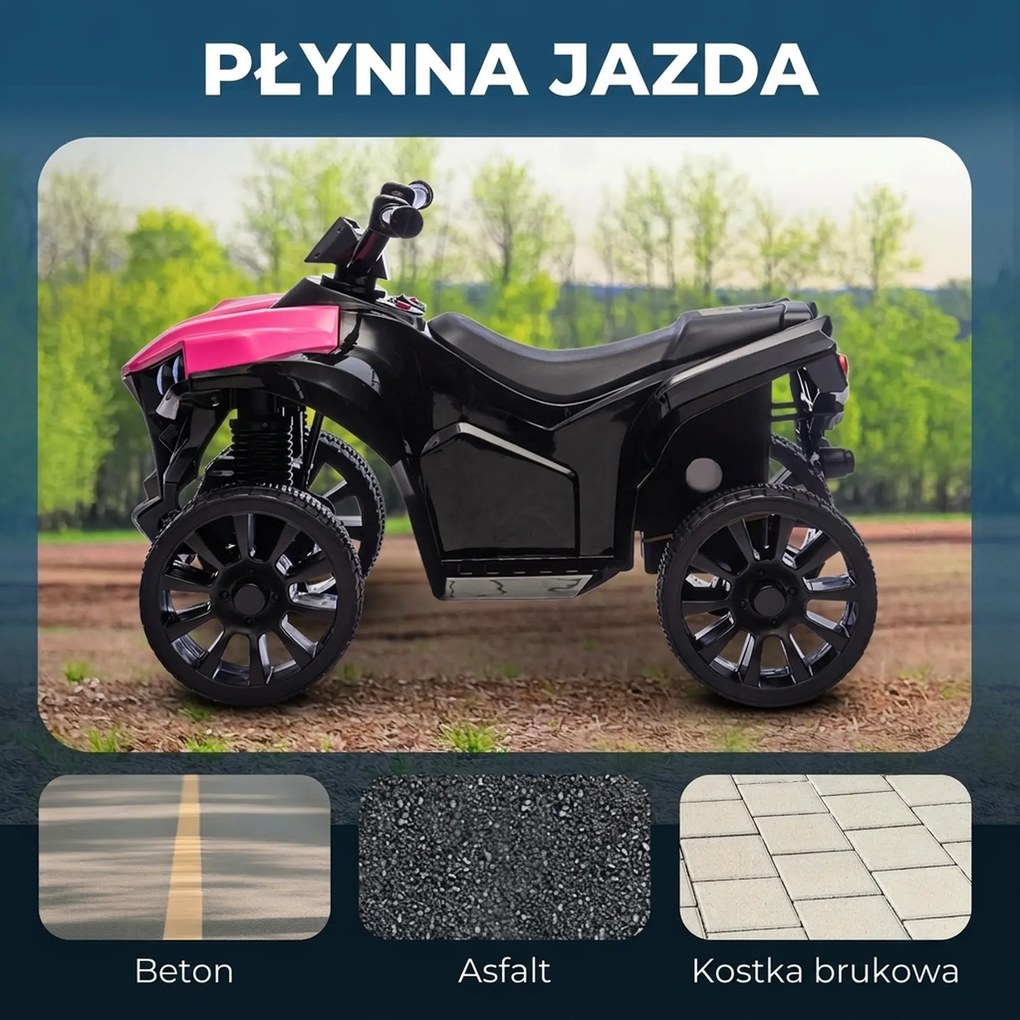 AIYAPLAY 6V quad dla dzieci, elektryczne ATV z muzyką i LED-reflektorami, dla 37-72 Monate, 70 x 42 x 45 cm, różowy | Aosom PL