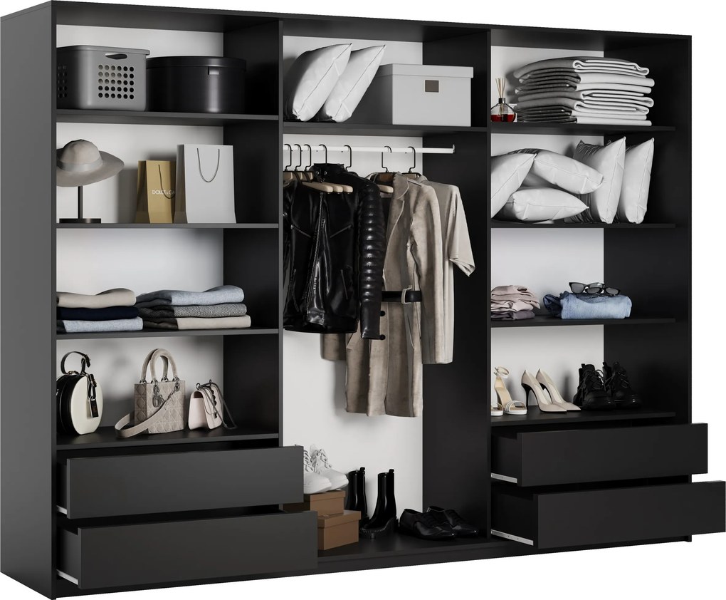 Szafa Przesuwna NISSE 270 cm Szafa Trzydrzwiowa z Szufladami Czarna / Czarne Profile