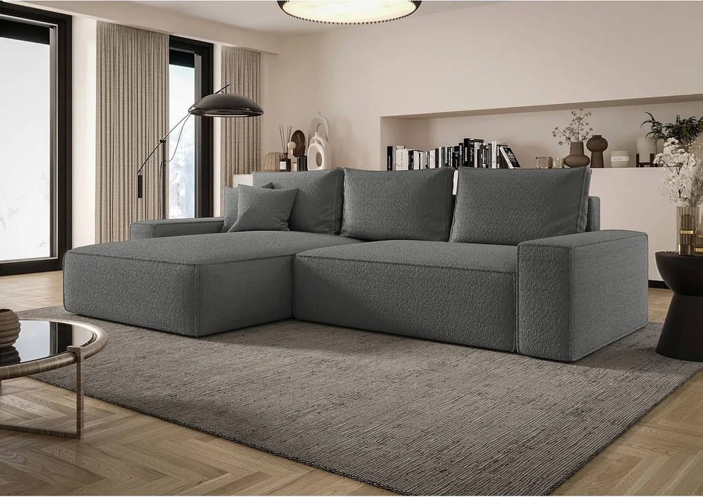 NAROŻNIK MONA z funkcją spania QUELLE 92 Szary Lewy Sofa w kształcie L z pojemnikiem na pościel, sofa rozkładana, sofa do salonu