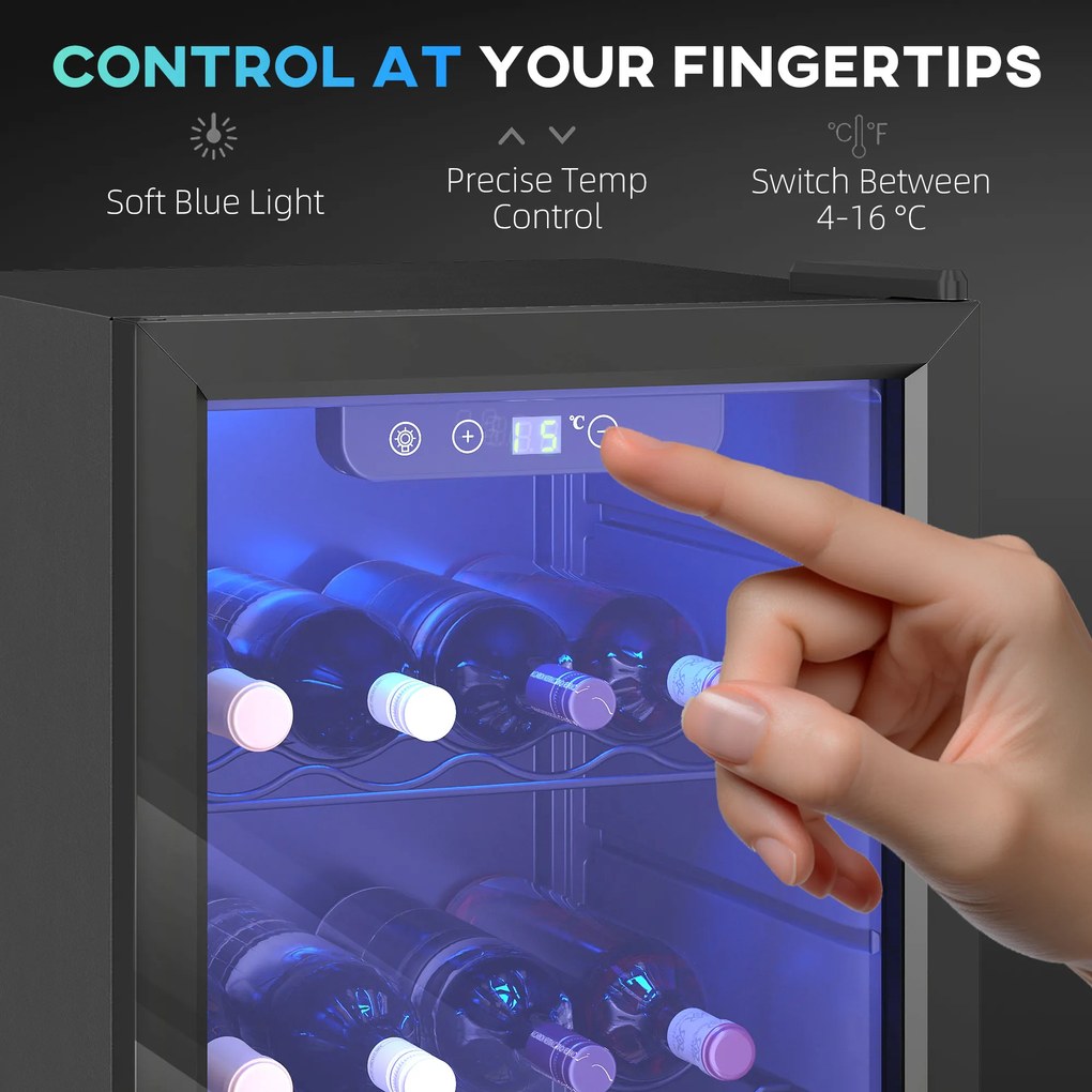 HOMCOM Chłodziarka do wina na 24 butelki, 68 litrów pojemności, 4-16°C, stojąca lodówka na napoje, piwo i wino z szklanymi drzwiami, czarna | Aosom PL