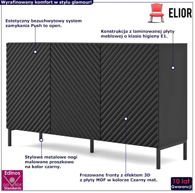 Komoda modern glamour czarny mat + czarne nóżki - Resa 3X