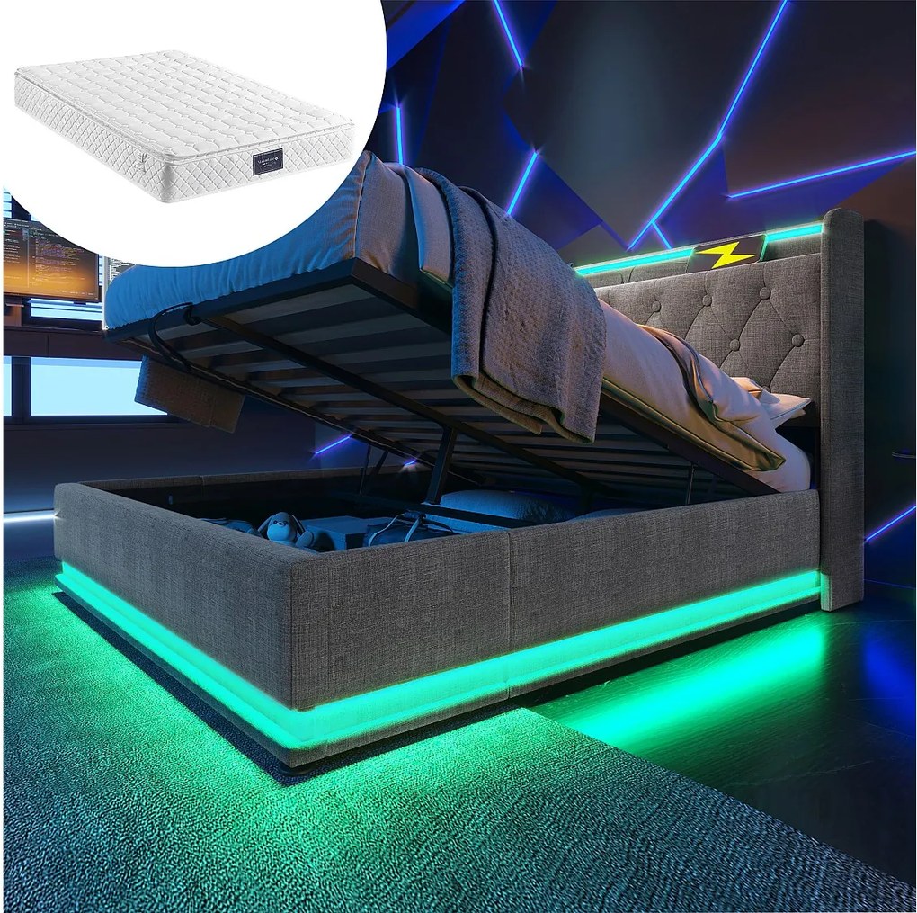 Łóżko tapicerowane dwuosobowe ze schowkiem - 160 x 200 cm - Materac + Leds + Zagłówek z USB - Tkanina lniana - Szary