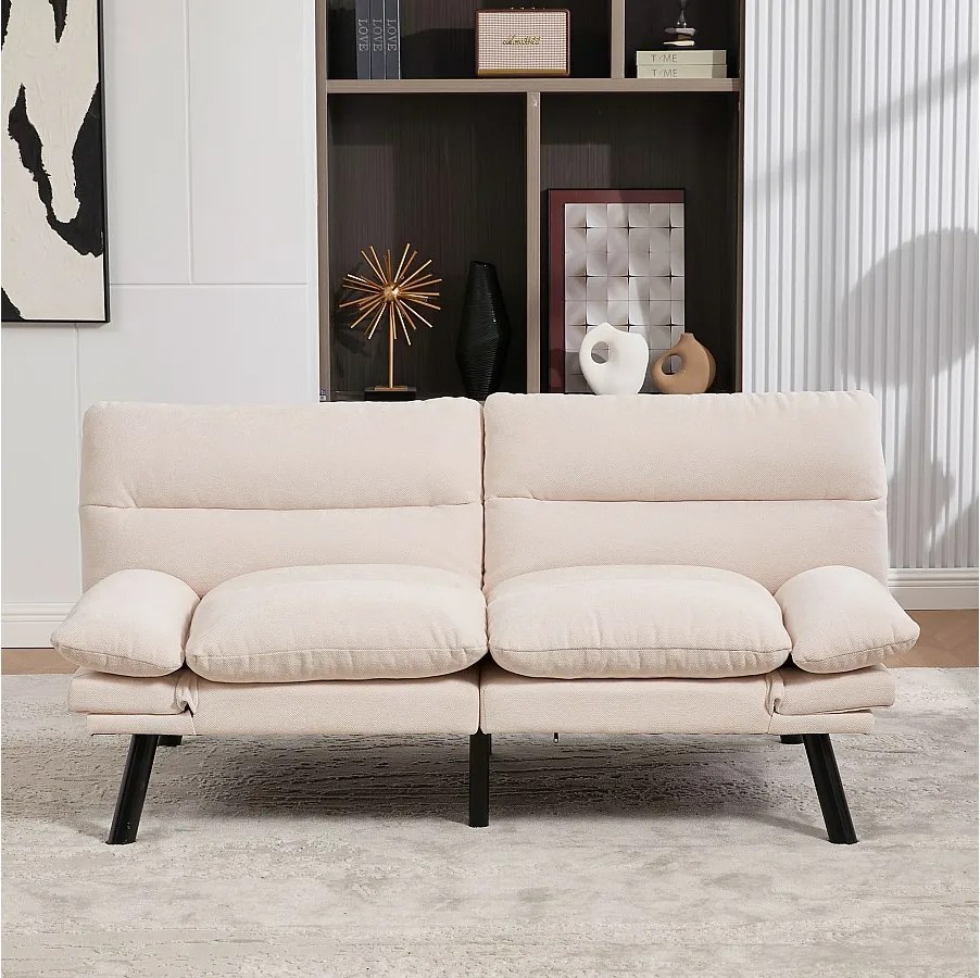 Sofa 2-osobowa z regulowanym oparciem i podłokietnikami, metalowe nogi - beżowy szenil