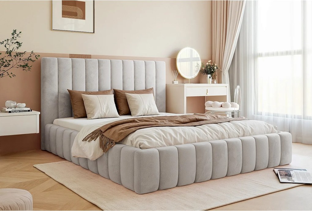 BESILIO Podwójne łóżko 160x200 Tina - Łóżko slim do sypialni ze stelażem i pojemnikiem na pościel- Tkanina welurowa- Jasnoszary