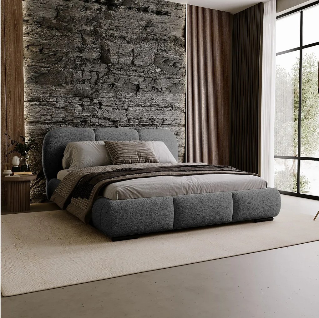 BESILIO Łóżko z pojemnikiem i stelażem 160x200 Holi- łóżko podwójne tapicerowane, tkanina boucle, baranek - Szary