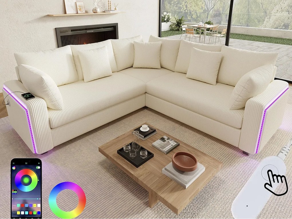 Kanapa narożna w kształcie litery L - 4 osoby - z oświetleniem LED - port ładowania USB - welur prążkowany - beżowy