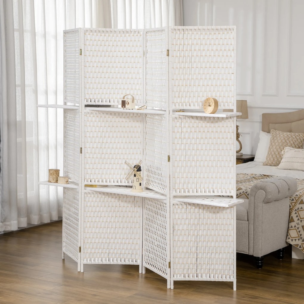 HOMCOM Parawan 4-częściowy 181 x 180 cm, Składany, z 2 półkami wykonany z drewna sosnowego i bambusa, do sypialni, biały | Aosom PL