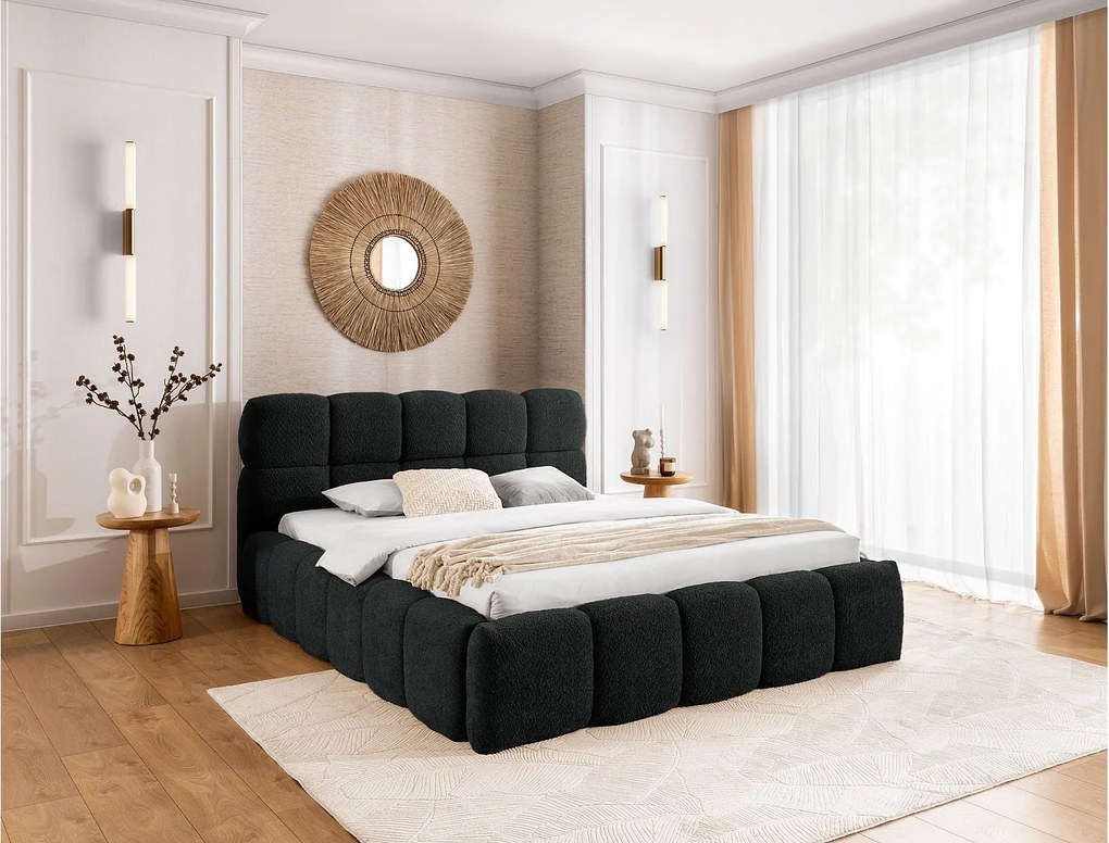 FURNISTAR Łóżko tapicerowane SOFIA 200x200 z pojemnikiem|Bubble|Łóżko dwuosobowe|Stelaż|Wygląd łóżka kontynentalnego|bez materaca-Czarny