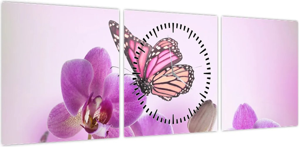 Obraz - Motyl na kwiatach orchidei, liliowy (z zegarem) (90x30 cm)