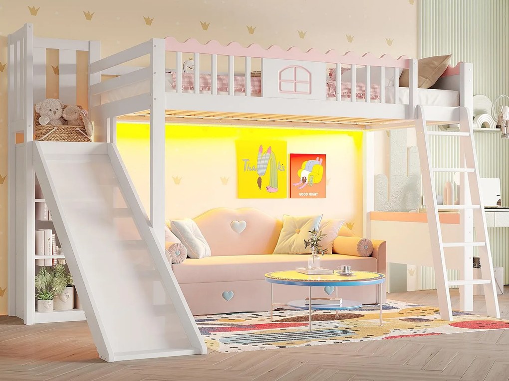 Łóżko mezzanine dla dzieci 90x200 cm - z oświetleniem LED - z półkami - ze zjeżdżalnią - Drewno lite - Białe (bez materaca)