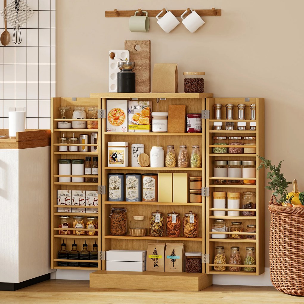 HOMCOM 104 cm szafka kuchenna z rattanu, 5-półkowa, 12 przegródek na przyprawy i regulowane półki, naturalna | Aosom PL