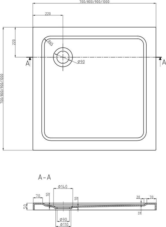 Mexen Flat brodzik kwadratowy slim 70 x 70 cm, biały, syfon czarny - 40107070B
