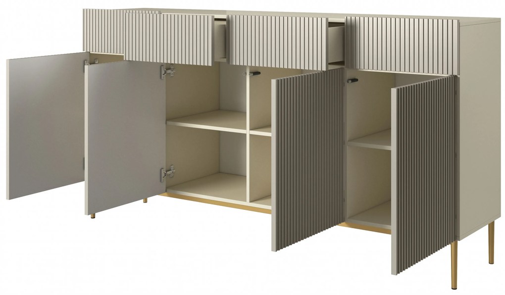 Komoda czterodrzwiowa Nicole 200 cm z szufladami z ryflowanym frontem - kaszmir / złote nóżki