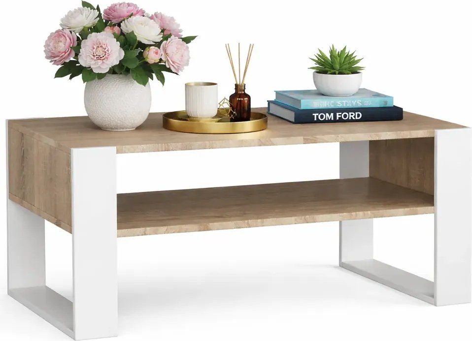 Minimalistyczna Ława Z Półką Dąb Sonoma+Biały T3-F56