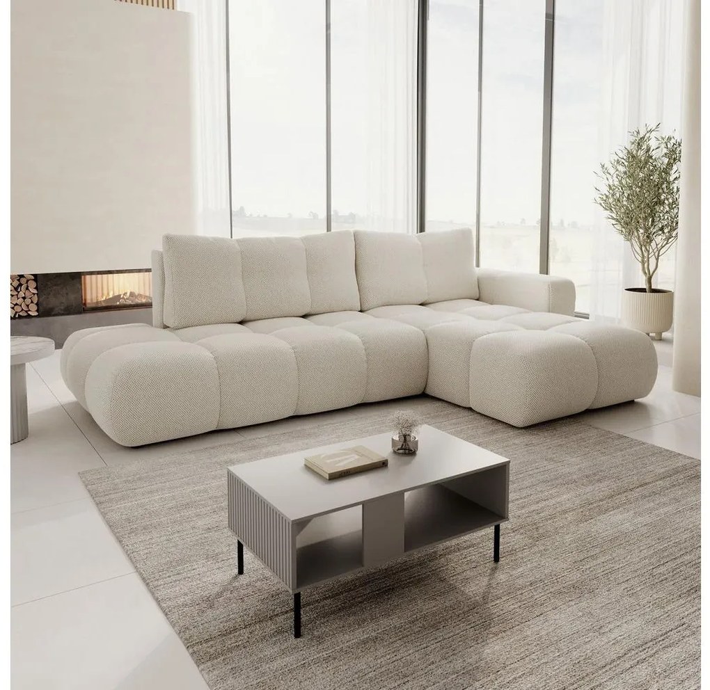 Rozkładany narożnik tapicerowany z pojemnikiem w układzie L ALMADA prawy jasnobeżowy