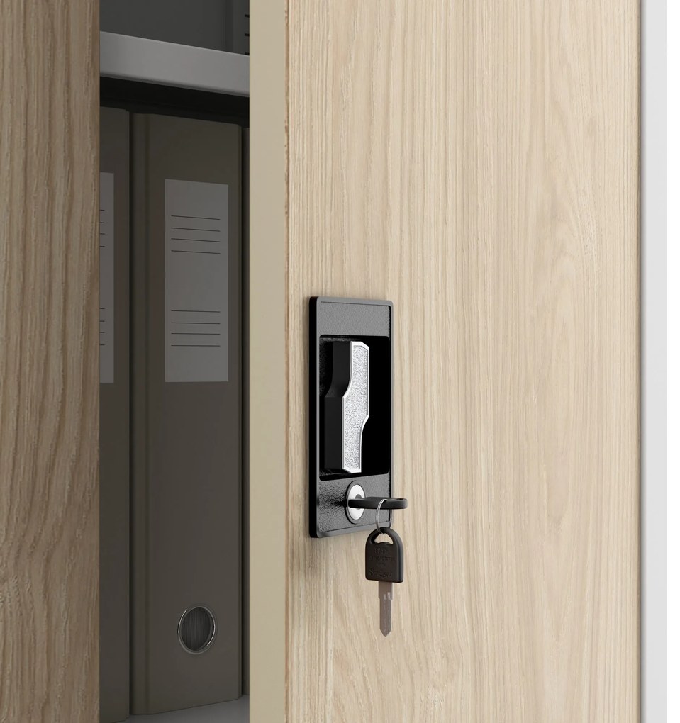 Biurowa szafa metalowa KEVIN, 900 x 1400 x 400 mm, Eco Design: biała/ dąb sonoma