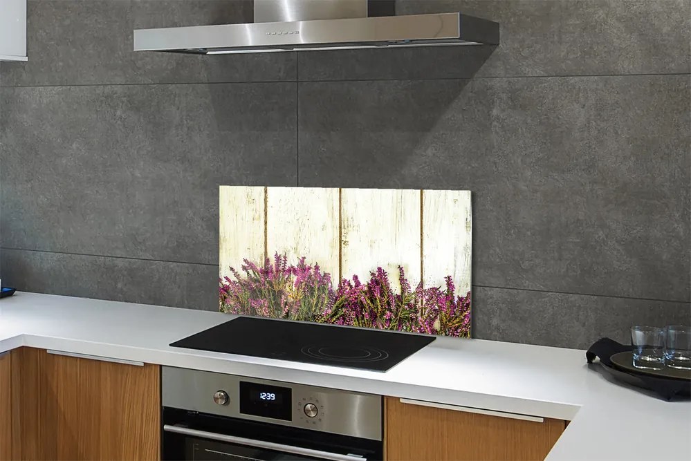 Szkło do Kuchni na Ścianę Fioletowe Kwiaty na Drewnie