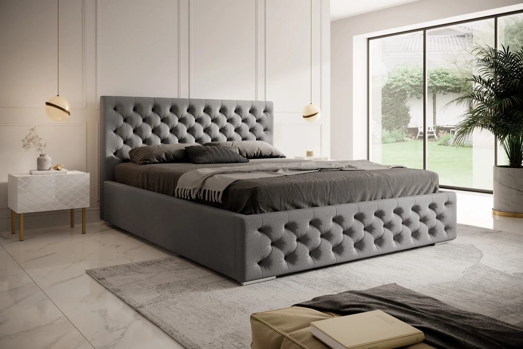 Łóżko tapicerowane ze stelażem i pojemnikiem CHESTERFIELD szare welurowe