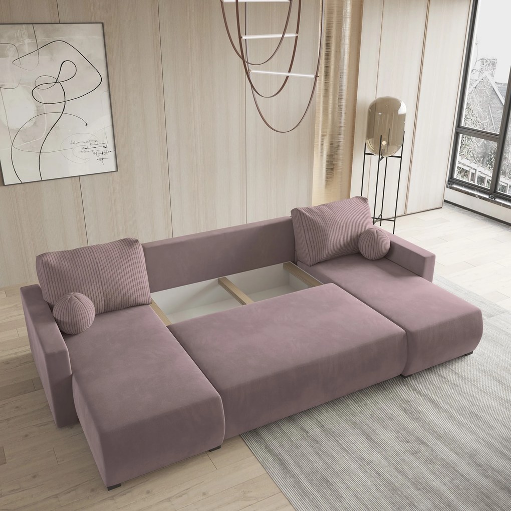 Masseno Narożnik TESSUN z funkcją spania i pojemnikiem na pościel Narozniki U, Rozkładana sofa - Pudrowy róż
