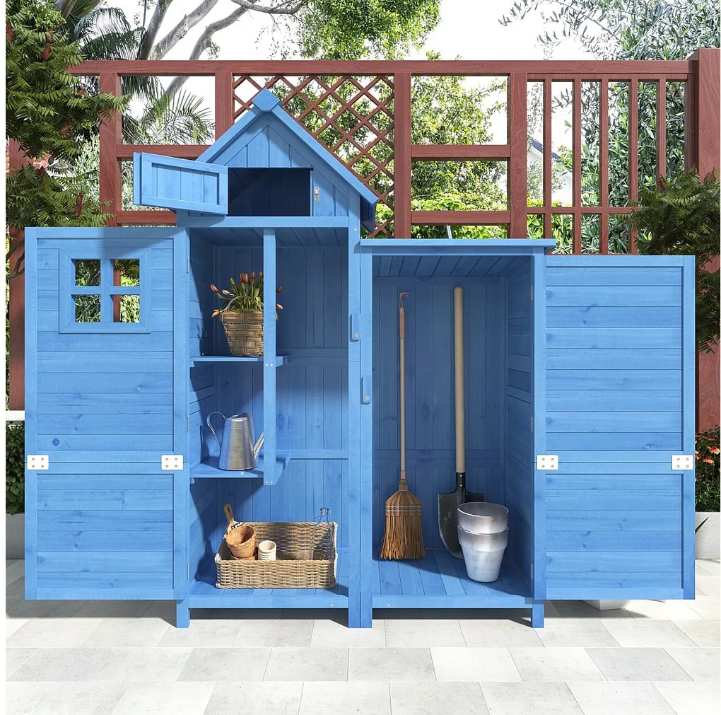Solidny drewniany domek ogrodowy z dachem spadzistym z PCV - 2 półki, 3 drzwi zamykane na zatrzask - Dł. 118 x Gł. 54 x Wł. 173 cm - Niebieski