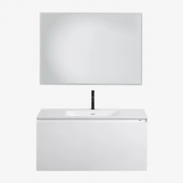 Zestaw Wiszących Mebli Łazienkowych Zintegrowany Z Umywalką Macrae Biała & Prostokątna Lampa Led I Przeciwmgielna 100x70 Cm Riben & Czarny Matowy ↑20
