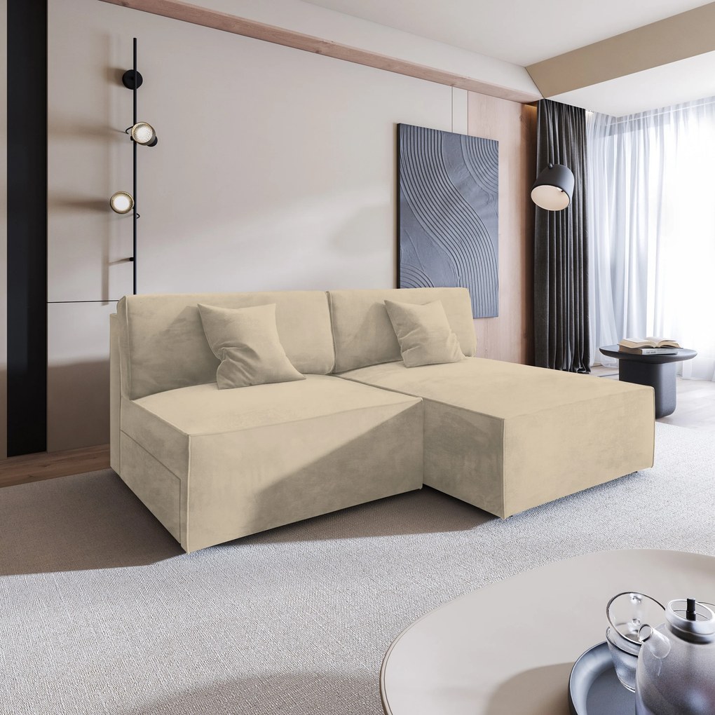 Masseno Narożnik FIORO z funkcją spania i pojemnikiem na pościel Narozniki L, Rozkładana sofa - Kremowy, MONOLITH 04