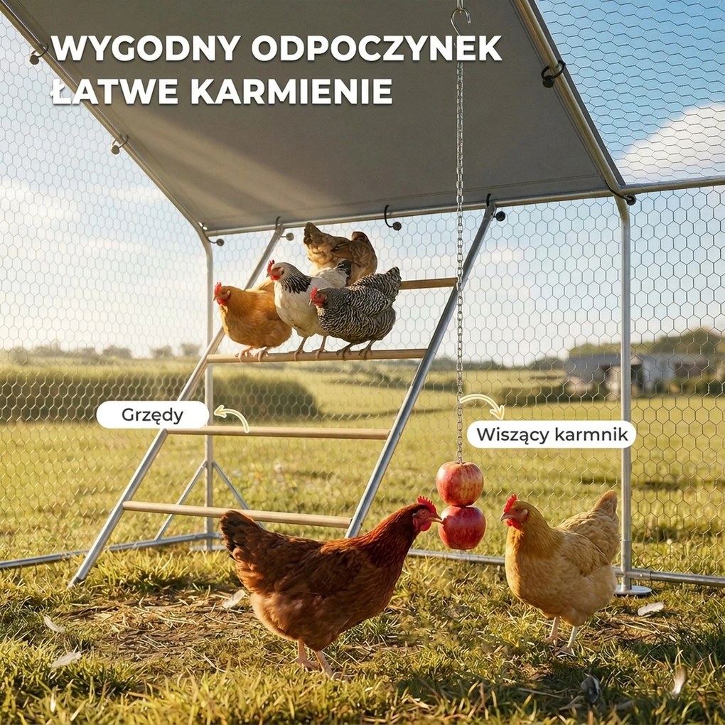 PawHut Wybieg dla kur z osłoną UV, siatka stalowa, automat do karmienia, dla 12-18 kur