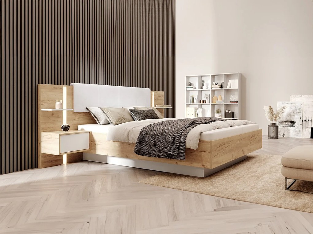 Łóżko z szafkami nocnymi 160 x 200 cm - Z oświetleniem LED - Naturalny i biały + Stelaż - ELYNIA
