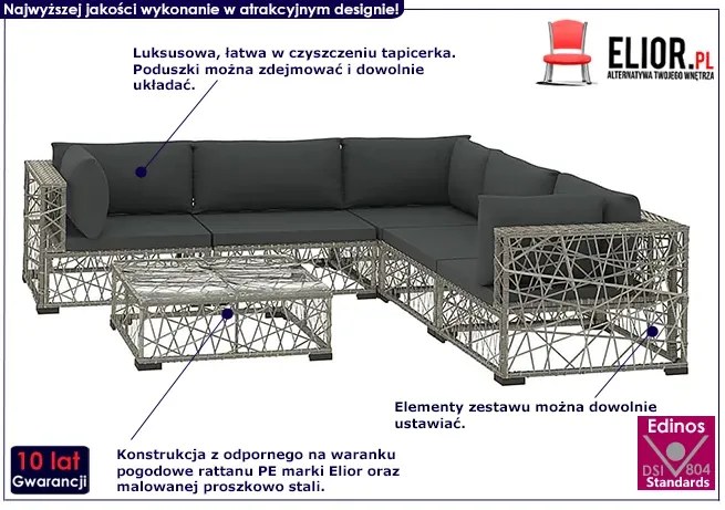 6-częściowy szary zestaw wypoczynkowy do ogrodu - Dehab 6B
