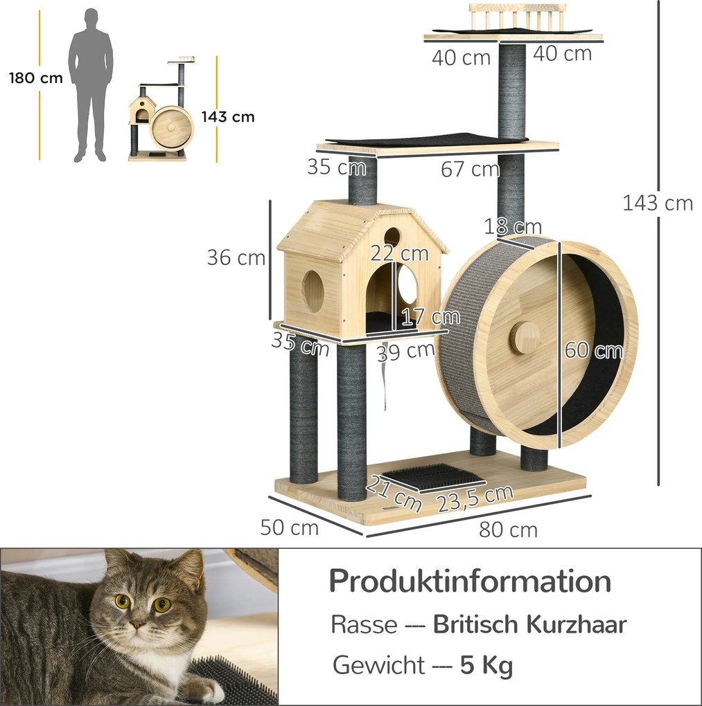 PawHut Drapak dla kota z kołowrotkiem 4-poziomowe drzewo dla kota domek dla kota z sizalowymi słupkami lite drewno