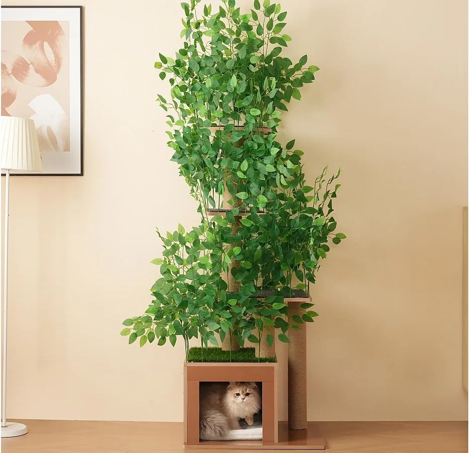 Drzewko dla kota o wysokości 190 cm - z 4 platformami i 1 otworem dla kota - zdejmowane listwy - zielony