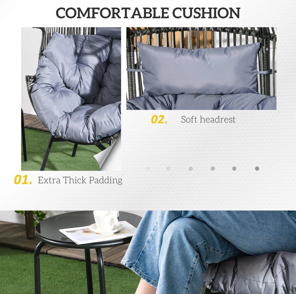 Outsunny Fotel Ogrodowy z Rattanu, Siedzisko Rattanowe, PE-Rattan, 89 cm x 75 cm x 143 cm, Szary+Czarny