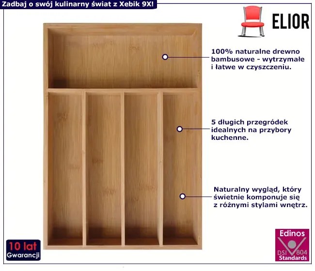 Bambusowy wkład do szuflady z 5 przegrodami - Xebik 9X