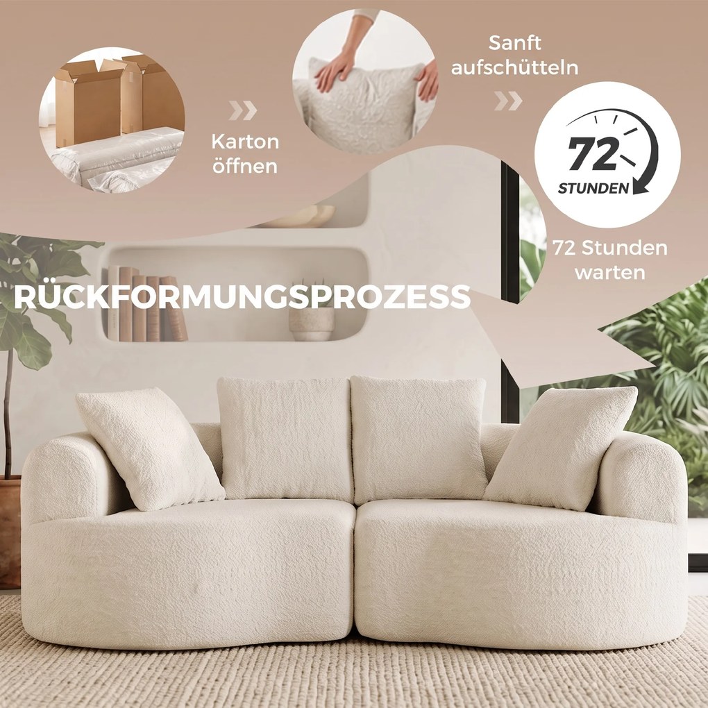 HOMCOM Sofa 3-osobowa 207 cm Cloud Sofa z efektem chenille, 4 poduszki dekoracyjne do sypialni, montaż bez narzędzi, kremowo-biała | Aosom PL