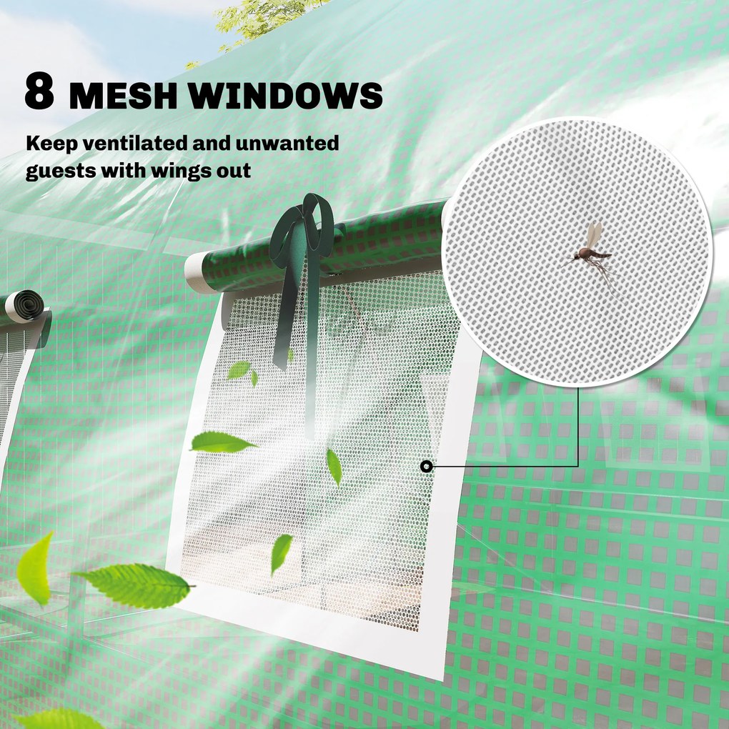 Outsunny Szklarnia ok. 4 x 3 x 2 m, szklarnia foliowa z rolowanymi drzwiami, 2 drzwi na zamek &amp; 8 okien z siatką, pręty podporowe, zielona | Aosom PL