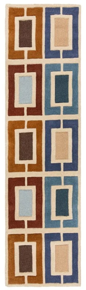 Niebiesko-pomarańczowy wełniany chodnik tkany ręcznie 60x230 cm Retro Blocks – Flair Rugs