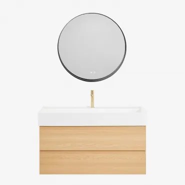 Zestaw Wiszących Mebli Łazienkowych Z Drewna I Forniru Jesionowego Zintegrowany Z Umywalką Ona Naturalna & Okrągła - Sklum
